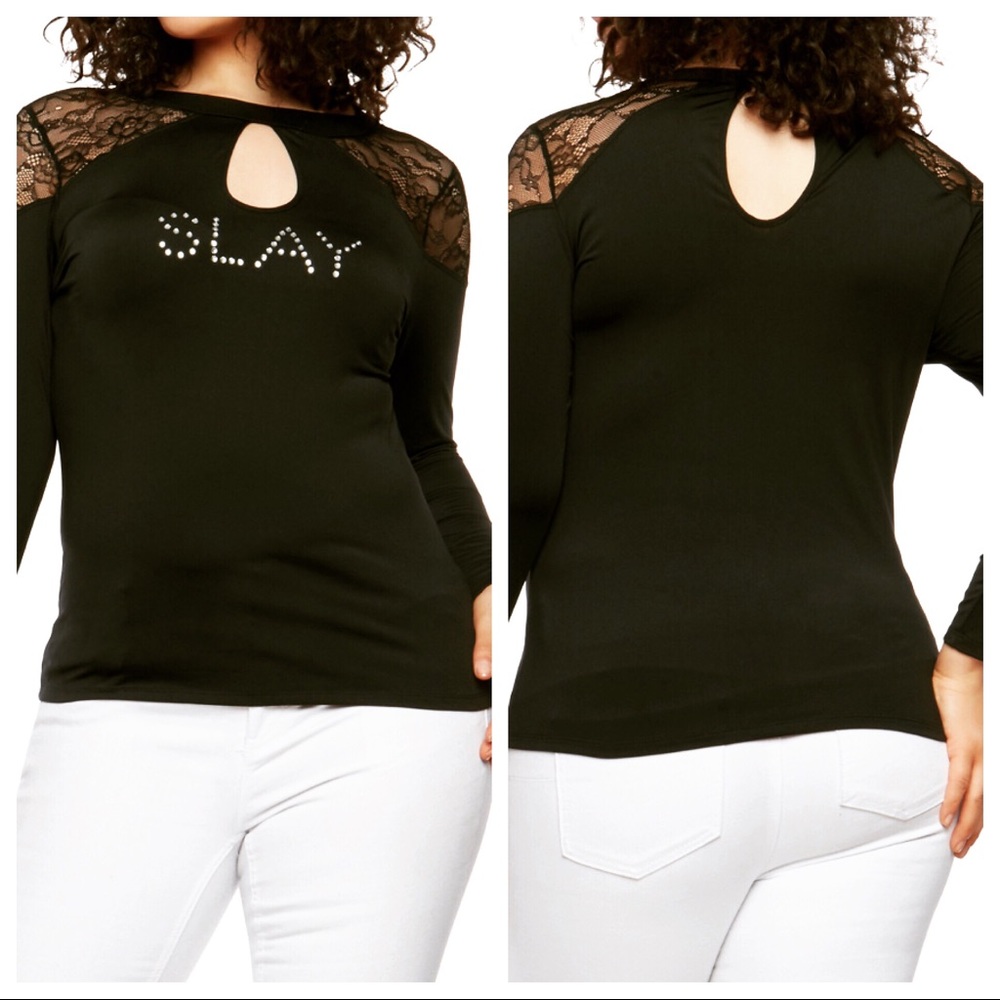 🌺Black Slay Top w/ Rhinestones Plus Sz 2X🌺